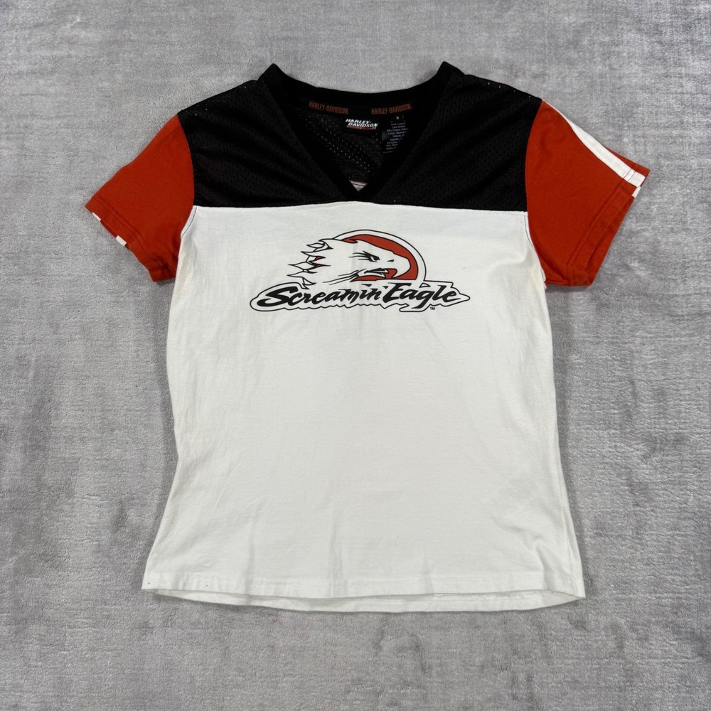 Harley Davidson Shirt Women Small White Jersey Style Screaming Eagle Mesh V Neck